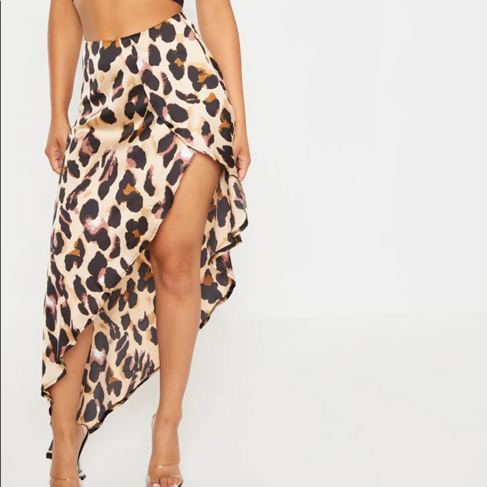 Petite Tan Leopard Print Satin Asymmetric Skirt